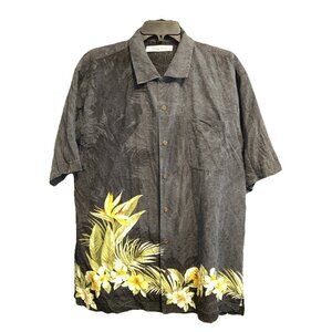 Tommy Bahama Mens L 100% Silk Hawaiian Shirt Black with Palm Leaves and Flowers